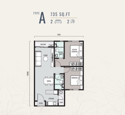 Hanya Wahyu Type A 735 sqft 2-bedroom floor plan