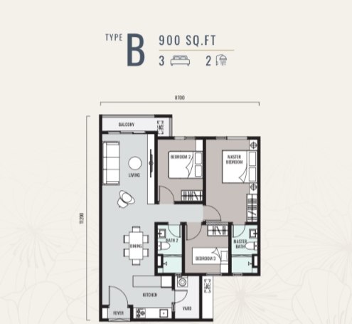 Hanya Wahyu Type B 900 sqft 3-bedroom floor plan