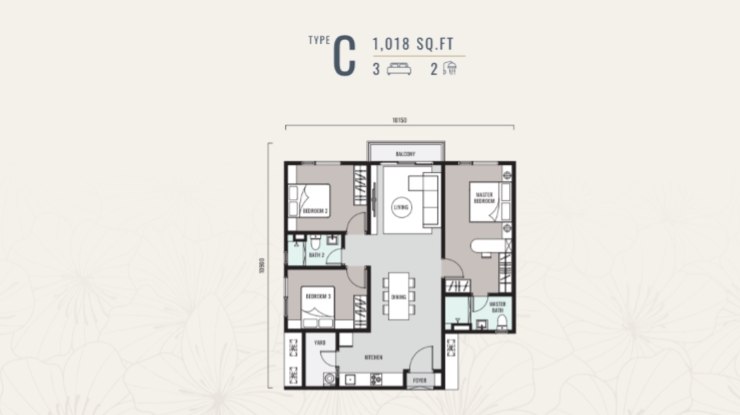 Hanya Wahyu Type C 1018 sqft 3-bedroom floor plan