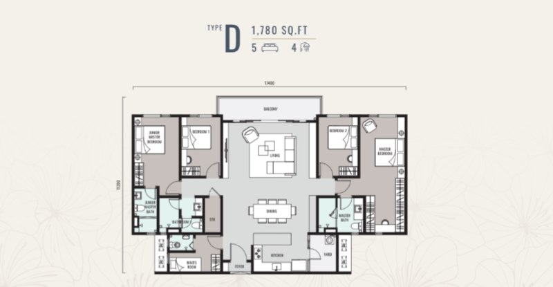 Hanya Wahyu Type D 1780 sqft 5-bedroom floor plan